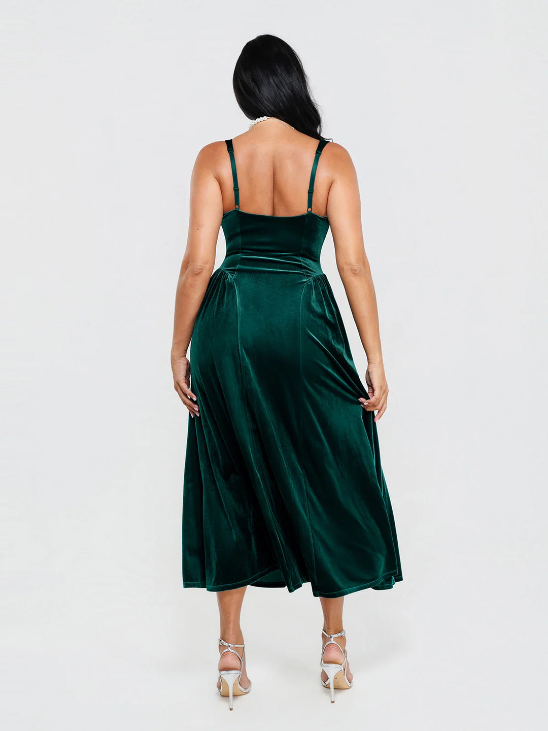 Popilush® Shapewear Velvet Rhinestone Pocket A-Line Maxi Dress