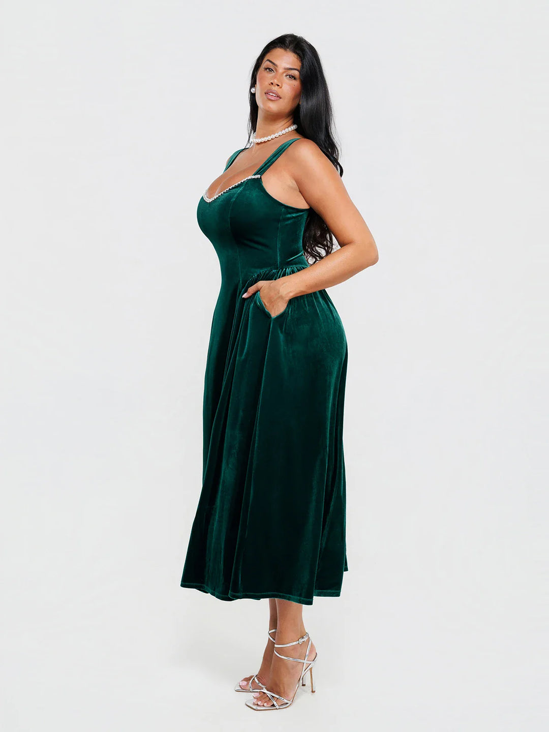 Popilush® Shapewear Velvet Rhinestone Pocket A-Line Maxi Dress