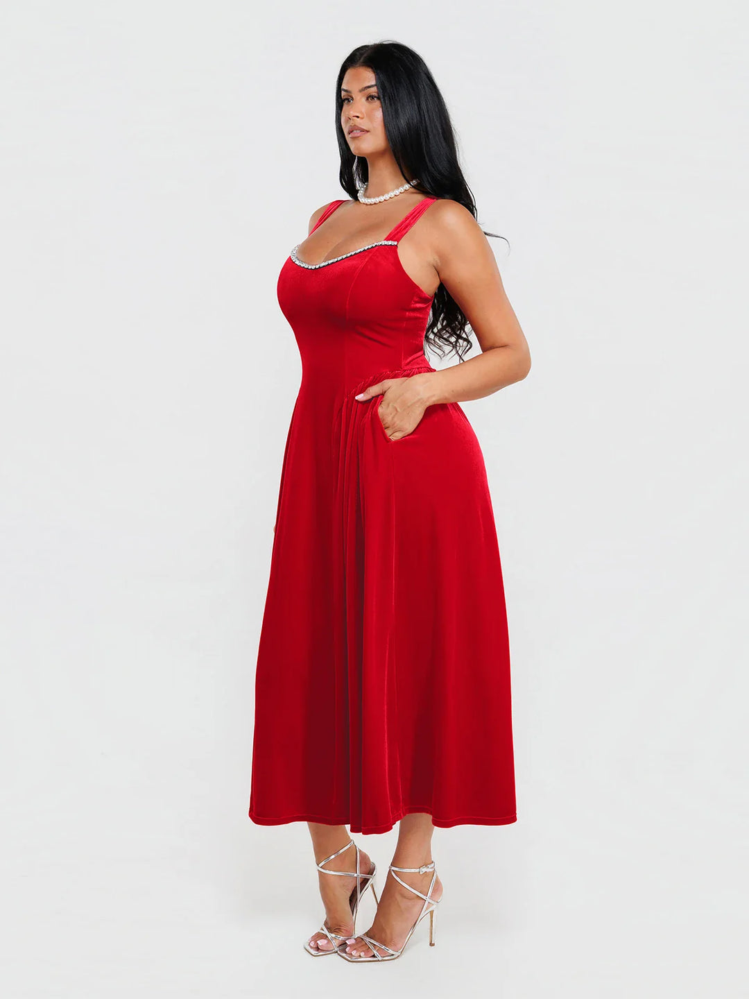 Popilush® Shapewear Velvet Rhinestone Pocket A-Line Maxi Dress
