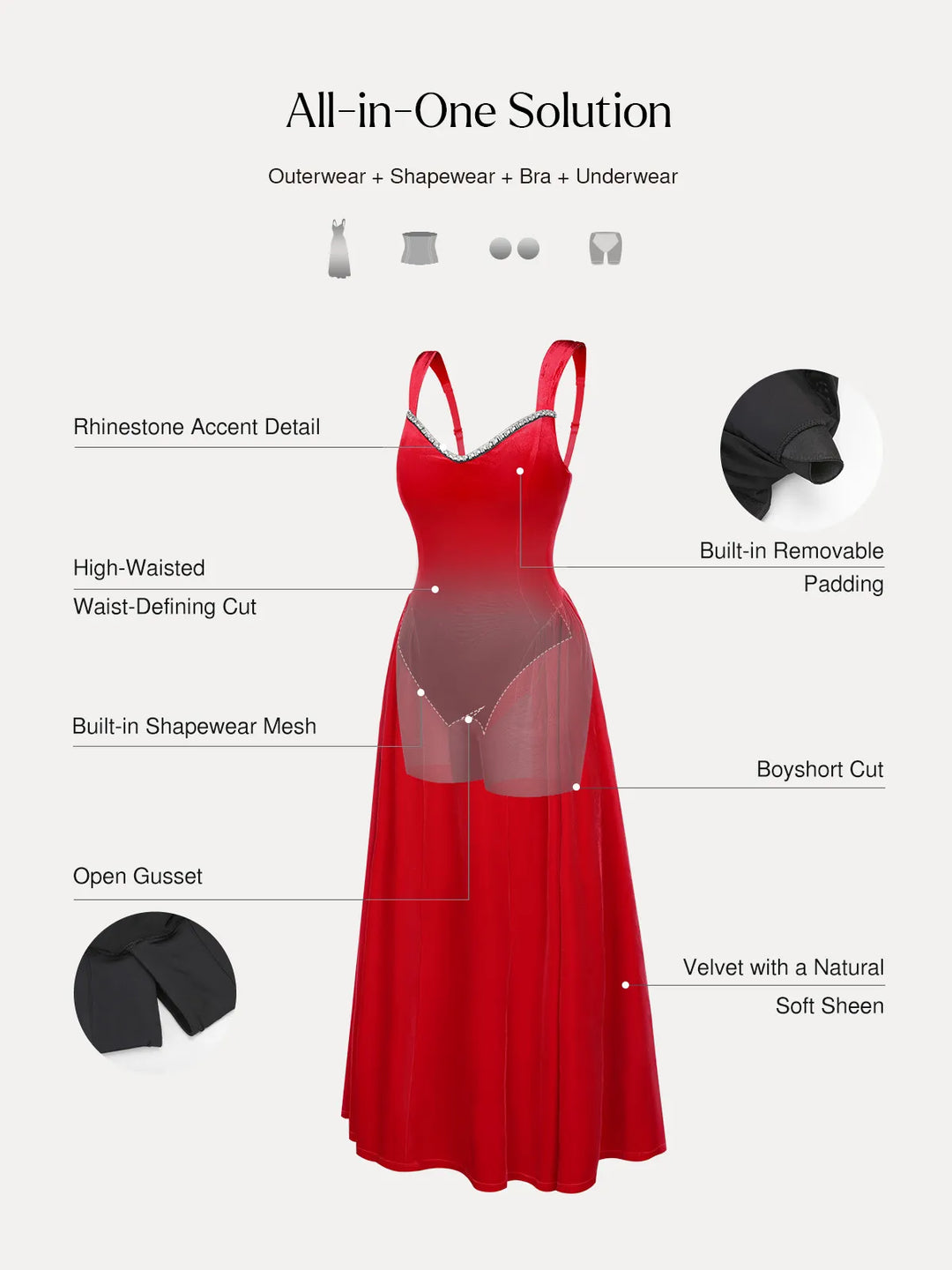 Popilush® Shapewear Velvet Rhinestone Pocket A-Line Maxi Dress