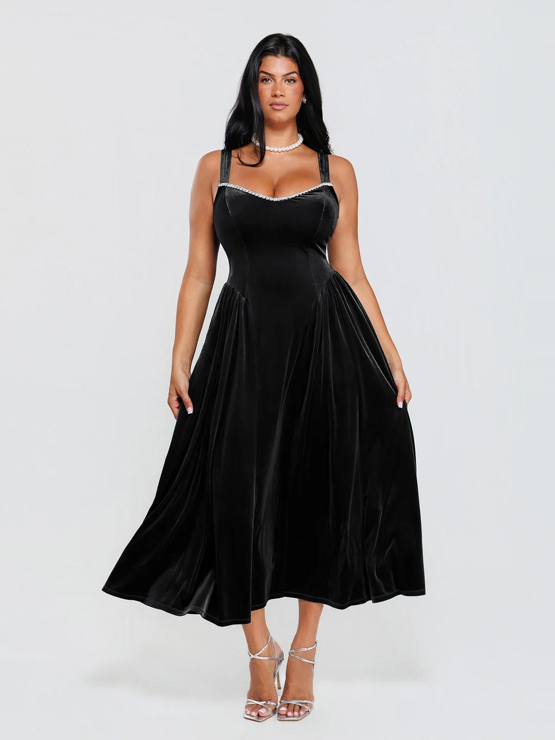 Popilush® Black / XS Shapewear Velvet Rhinestone Pocket A-Line Maxi Dress
