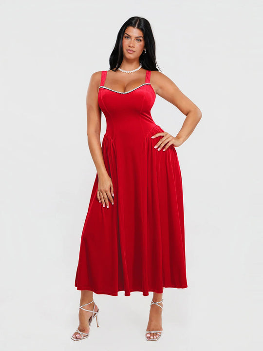 Shapewear Velvet Rhinestone Pocket A-Line Maxi Dress