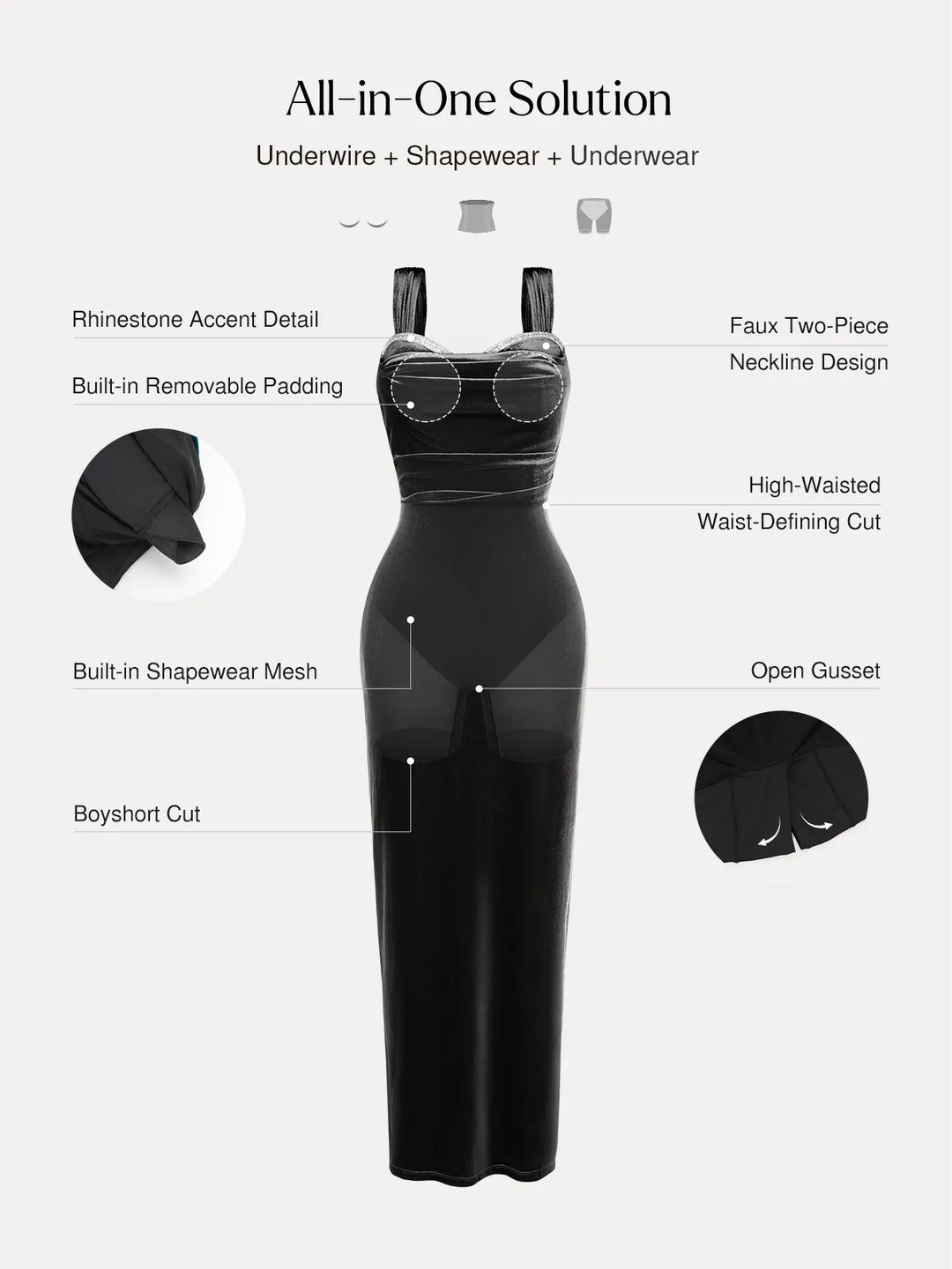 Popilush® Shapewear Velvet Rhinestone Straight-Neck Bodycon Maxi Dress
