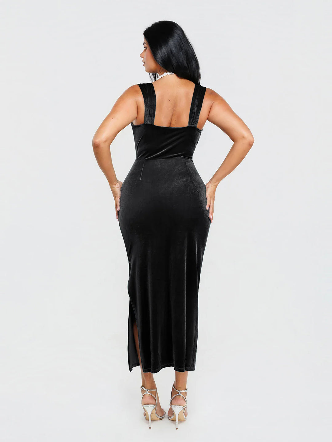 Popilush® Shapewear Velvet Rhinestone Straight-Neck Bodycon Maxi Dress