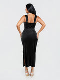 Popilush® Shapewear Velvet Rhinestone Straight-Neck Bodycon Maxi Dress