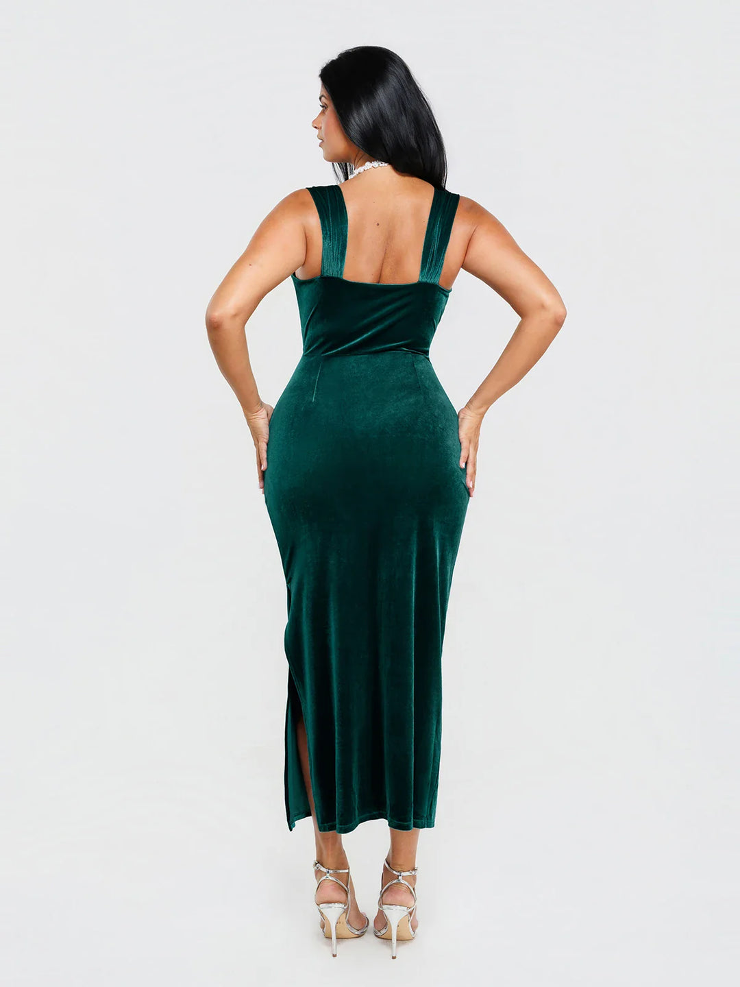Popilush® Shapewear Velvet Rhinestone Straight-Neck Bodycon Maxi Dress