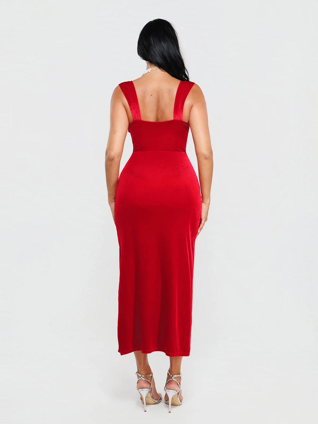 Popilush® Shapewear Velvet Rhinestone Straight-Neck Bodycon Maxi Dress