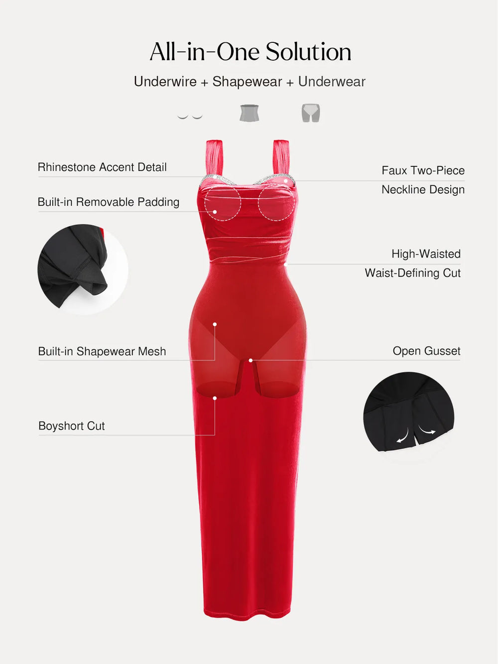 Popilush® Shapewear Velvet Rhinestone Straight-Neck Bodycon Maxi Dress