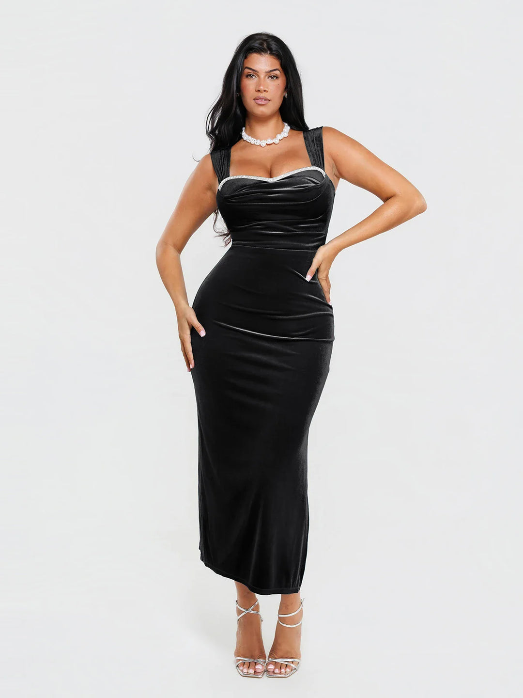 Popilush® Black / XS Shapewear Velvet Rhinestone Straight-Neck Bodycon Maxi Dress