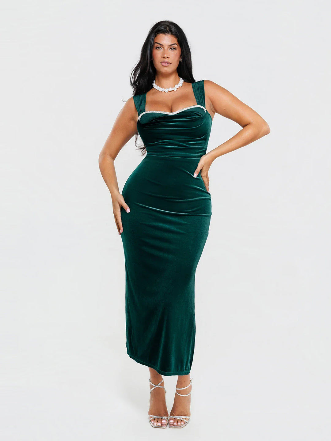 Popilush® Green / XS Shapewear Velvet Rhinestone Straight-Neck Bodycon Maxi Dress