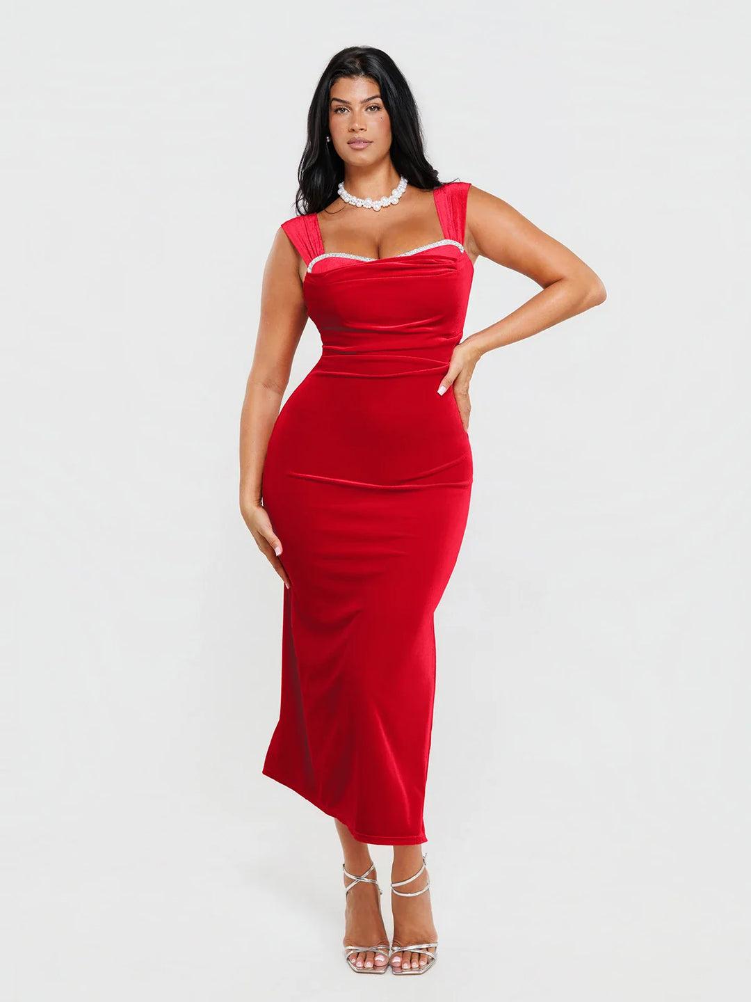 Popilush® Red / XS Shapewear Velvet Rhinestone Straight-Neck Bodycon Maxi Dress