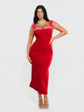 Popilush® Red / XS Shapewear Velvet Rhinestone Straight-Neck Bodycon Maxi Dress