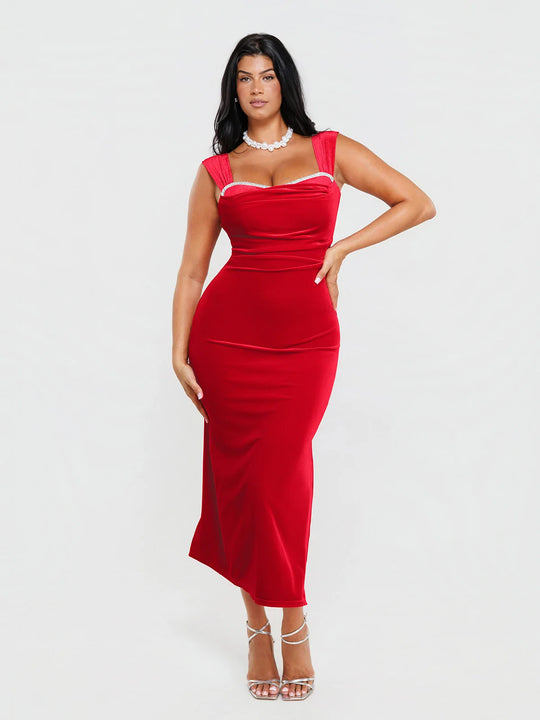 Shapewear Velvet Rhinestone Bodycon Maxi Dress