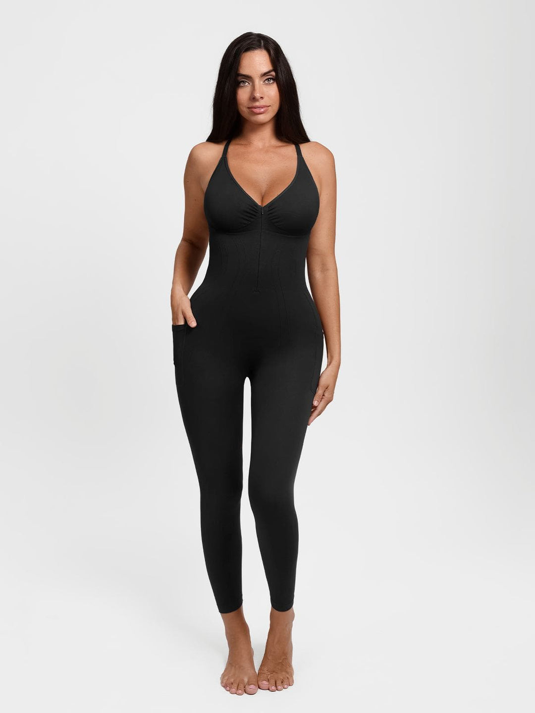 Popilush® Shapewear Zip Front Deep V Adjustable Strap Jumpsuit