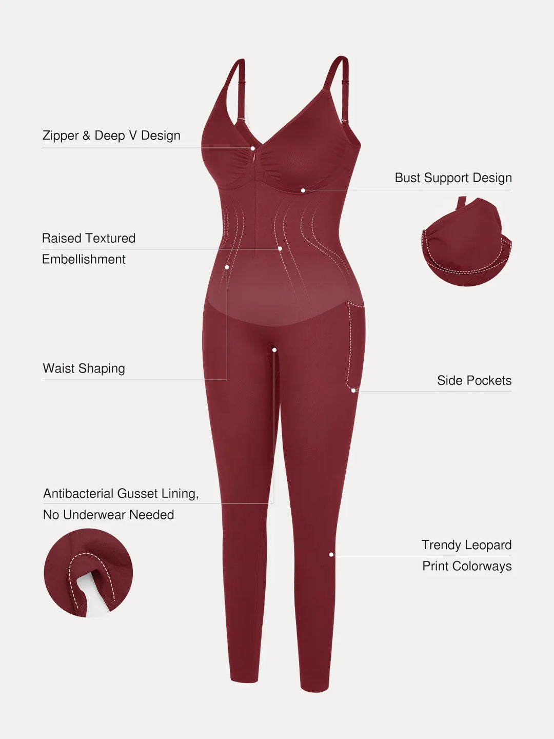 Popilush® Shapewear Zip Front Deep V Adjustable Strap Jumpsuit