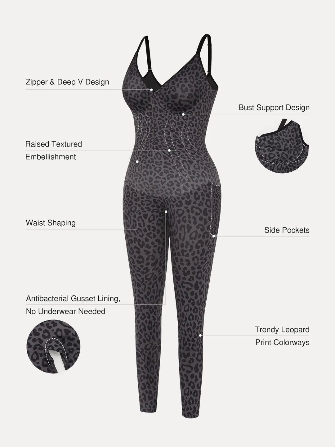 Popilush® Shapewear Zip Front Deep V Adjustable Strap Jumpsuit
