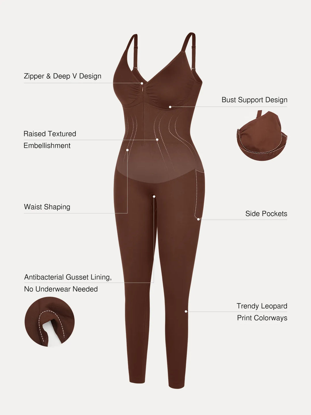 Popilush® Shapewear Zip Front Deep V Adjustable Strap Jumpsuit