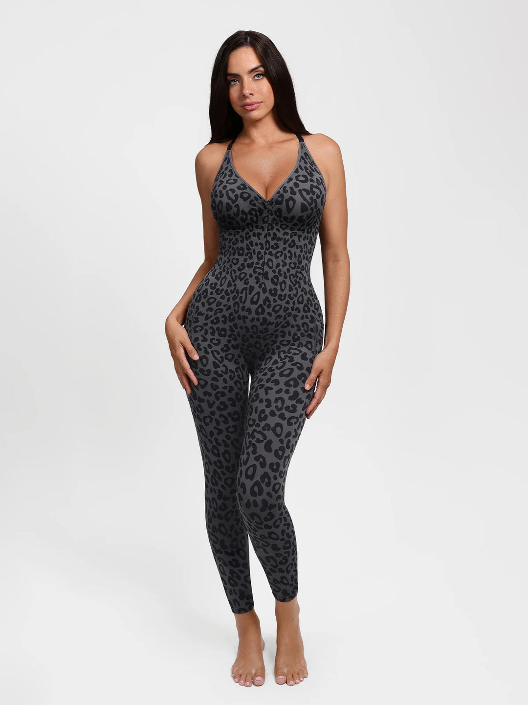 Popilush® Black Leopard Print / XS Shapewear Zip Front Deep V Adjustable Strap Jumpsuit(DRAFT)