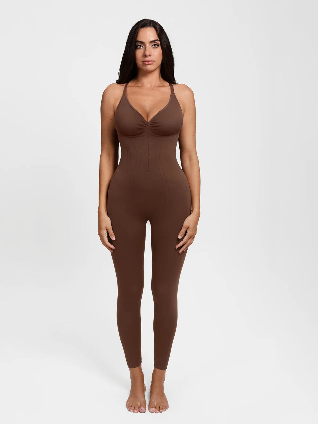 Popilush® Brown / XS Shapewear Zip Front Deep V Adjustable Strap Jumpsuit(DRAFT)