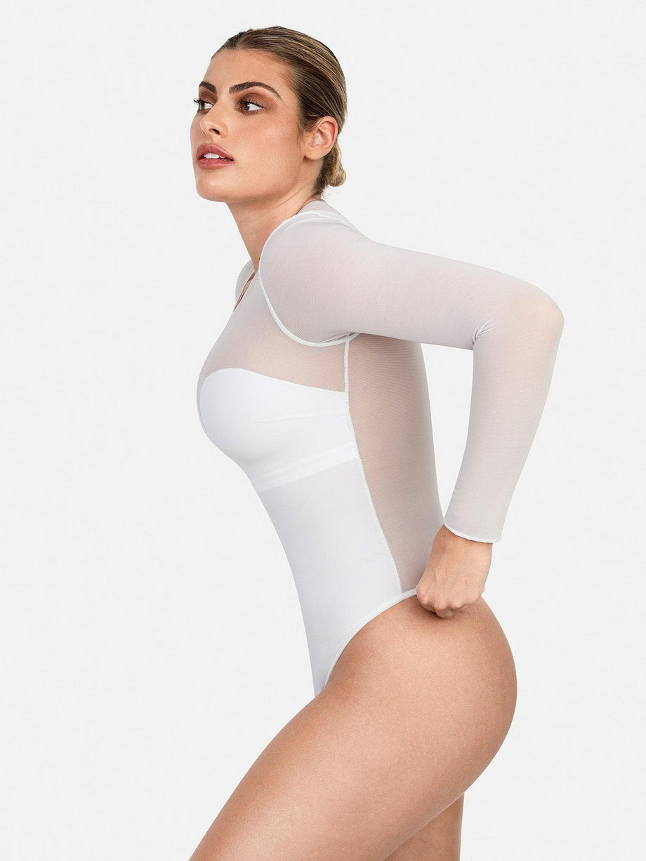 White Long Sleeve Lace Mesh Bodysuit, Tops