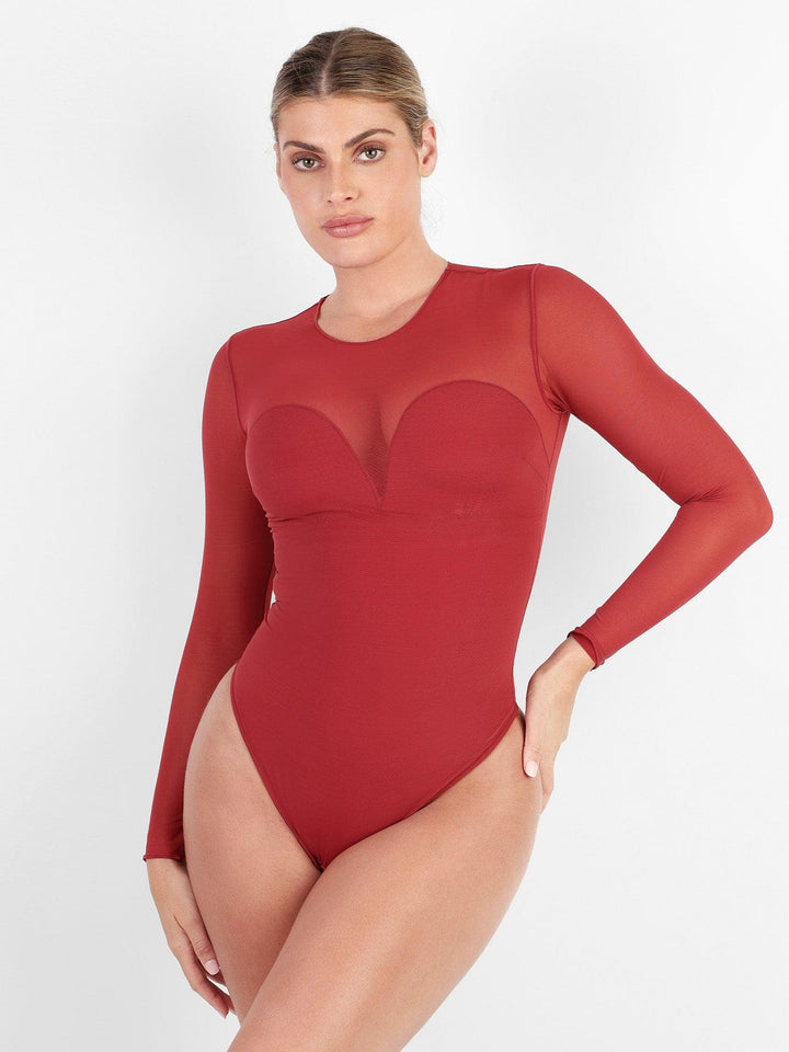 Sheer Mesh Shapewear Long Sleeve Thong Bodysuit
