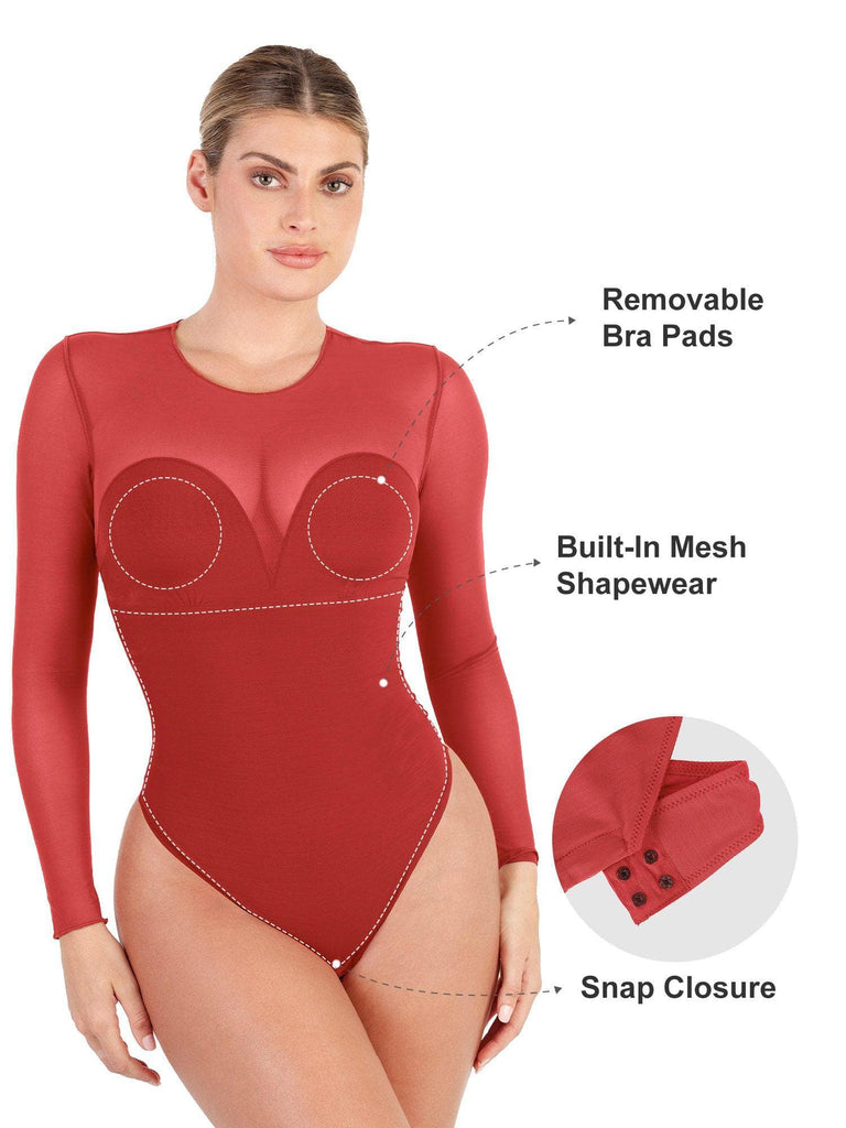 Popilush® Sexy Tops Body Shaper Winter Sheer Mesh Shapewear Long Sleeve Thong Bodysuit