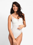 Popilush® white mesh bodysuit, a woman smiling in slimming shapewear for comfort.