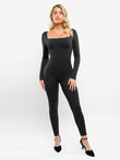 Square neck black long sleeve shapewear jumpsuit designed for butt lift.