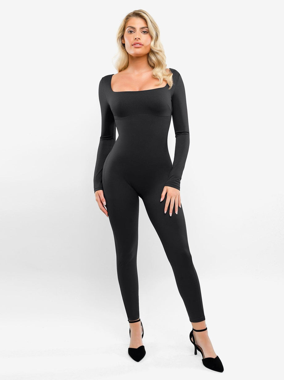 Bodysuit for Women Square Neck Long Sleeve Slim Fit Stretchy Top Jumpsuit.