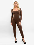 Popilush® shapewear jumpsuit. Brown square neck long sleeve bodysuit with butt lift.