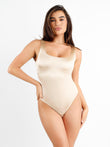 Champagne square neck shine thong bodysuit with smoothing shapewear