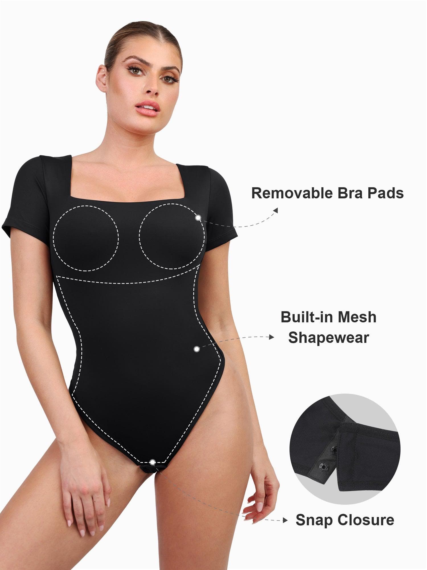 Short Sleeve Bodysuit For Women Tummy Control Shapewear Tight Shirts Thong  Shaper Body Suit Notch Neck Tops