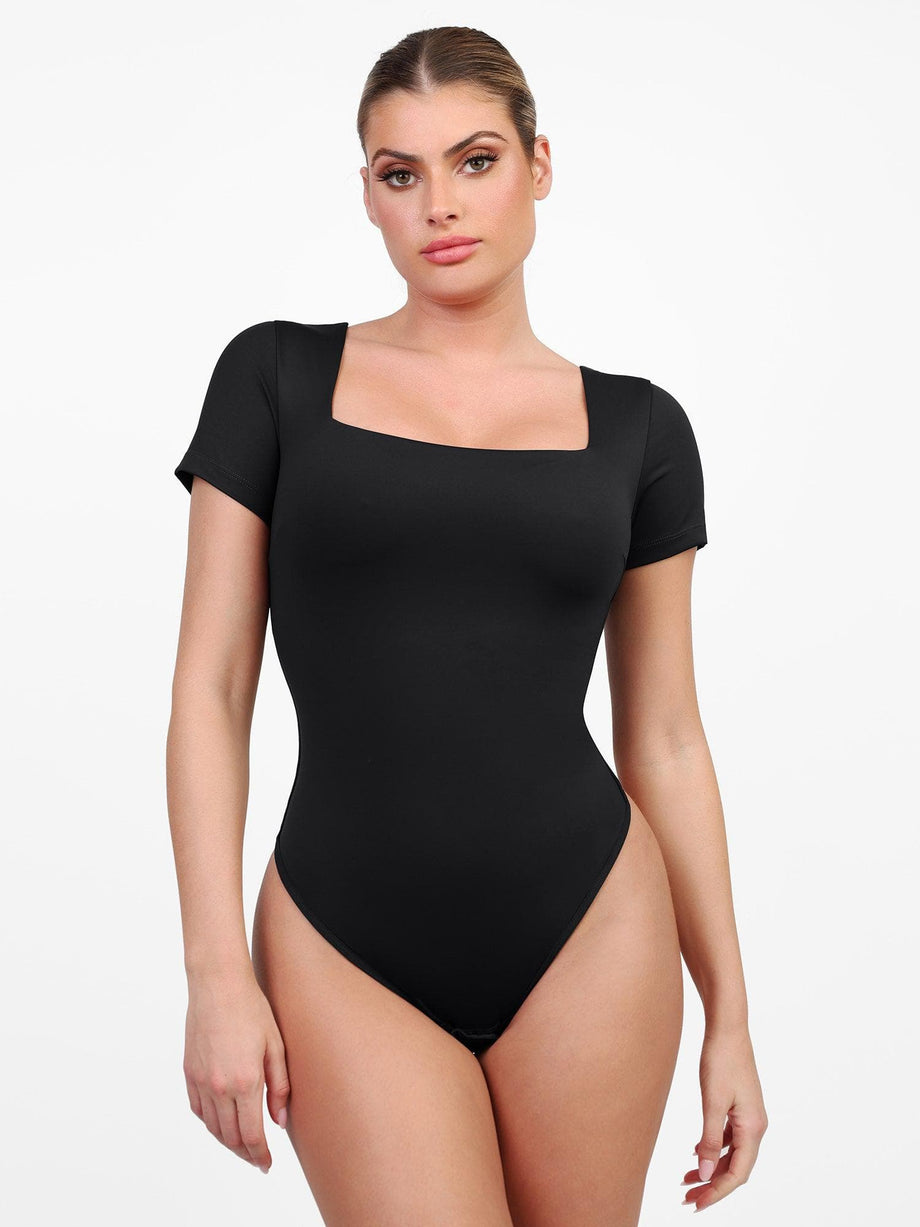  OYOANGLE Women's Plus Size Basic Short Sleeve Bodysuit Scoop  Neck T Shirts Bodysuit Black 0XL : Clothing, Shoes & Jewelry