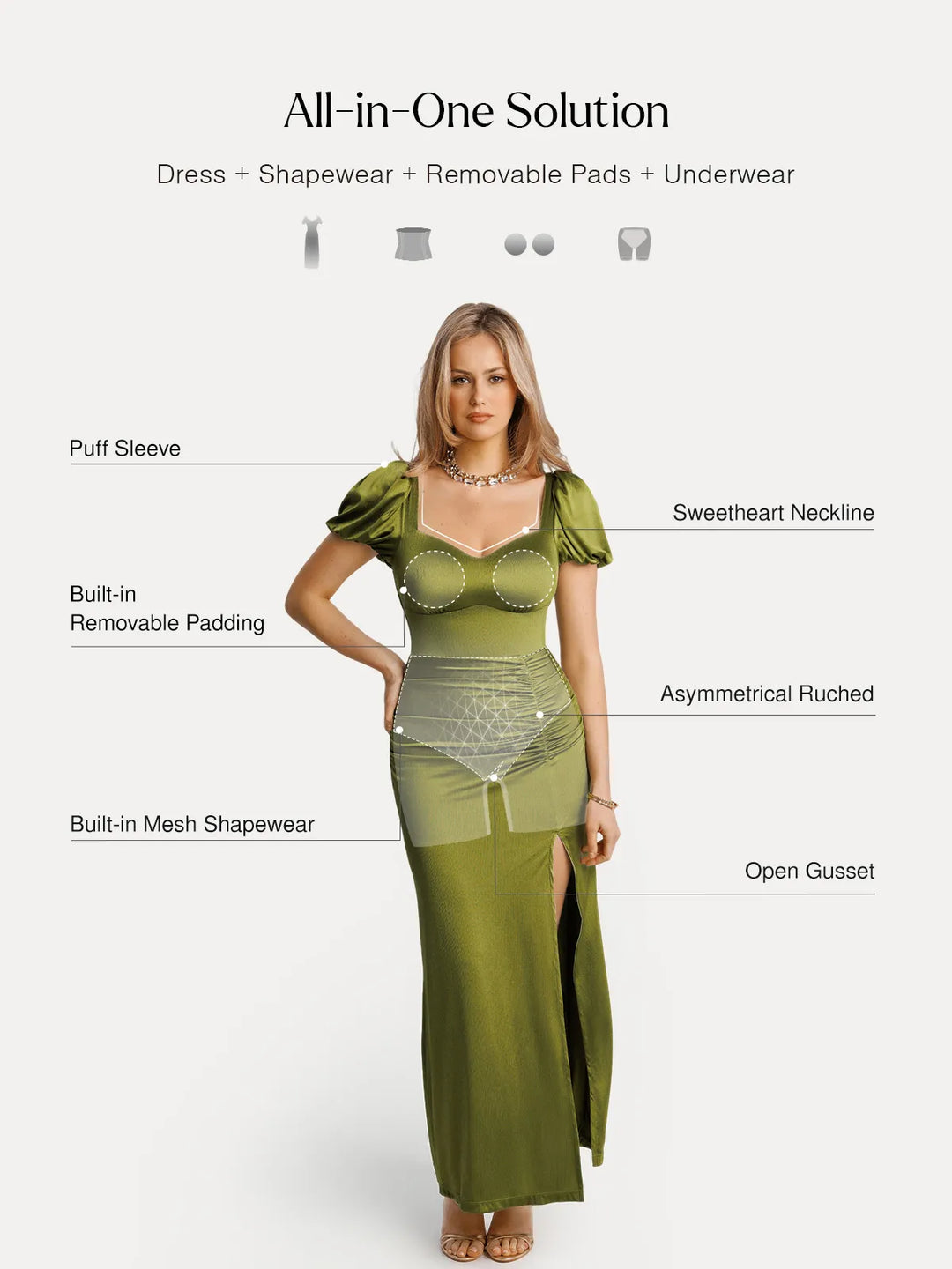 Popilush® Square Neck Slimming Maxi Dress with Sleeves