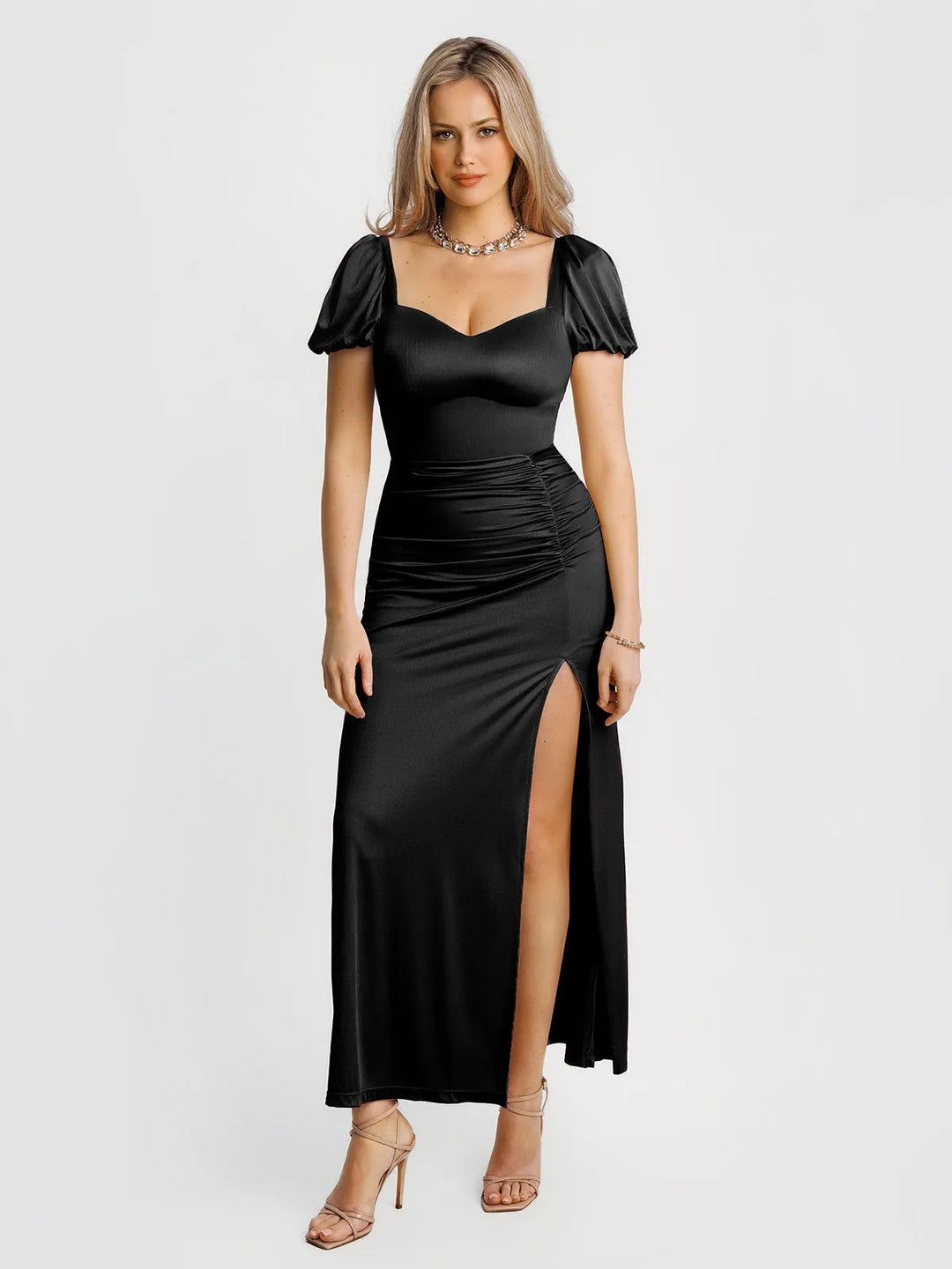 Popilush® Black / XS Square Neck Slimming Maxi Dress with Sleeves