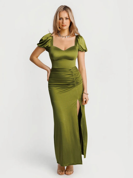 Popilush® Green / XS Square Neck Slimming Maxi Dress with Sleeves
