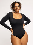 Popilush® Black square neck thong bodysuit, designed for a flawless silhouette and torso support.