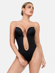 Black deep U-plunge backless shapewear bodysuit with clear adjustable straps.