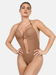 Popilush camel deep U plunge halter strap backless sculpting bodysuit.