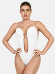 Elegant white Popilush® bodysuit with deep U-plunge design, perfect for low-back dresses.