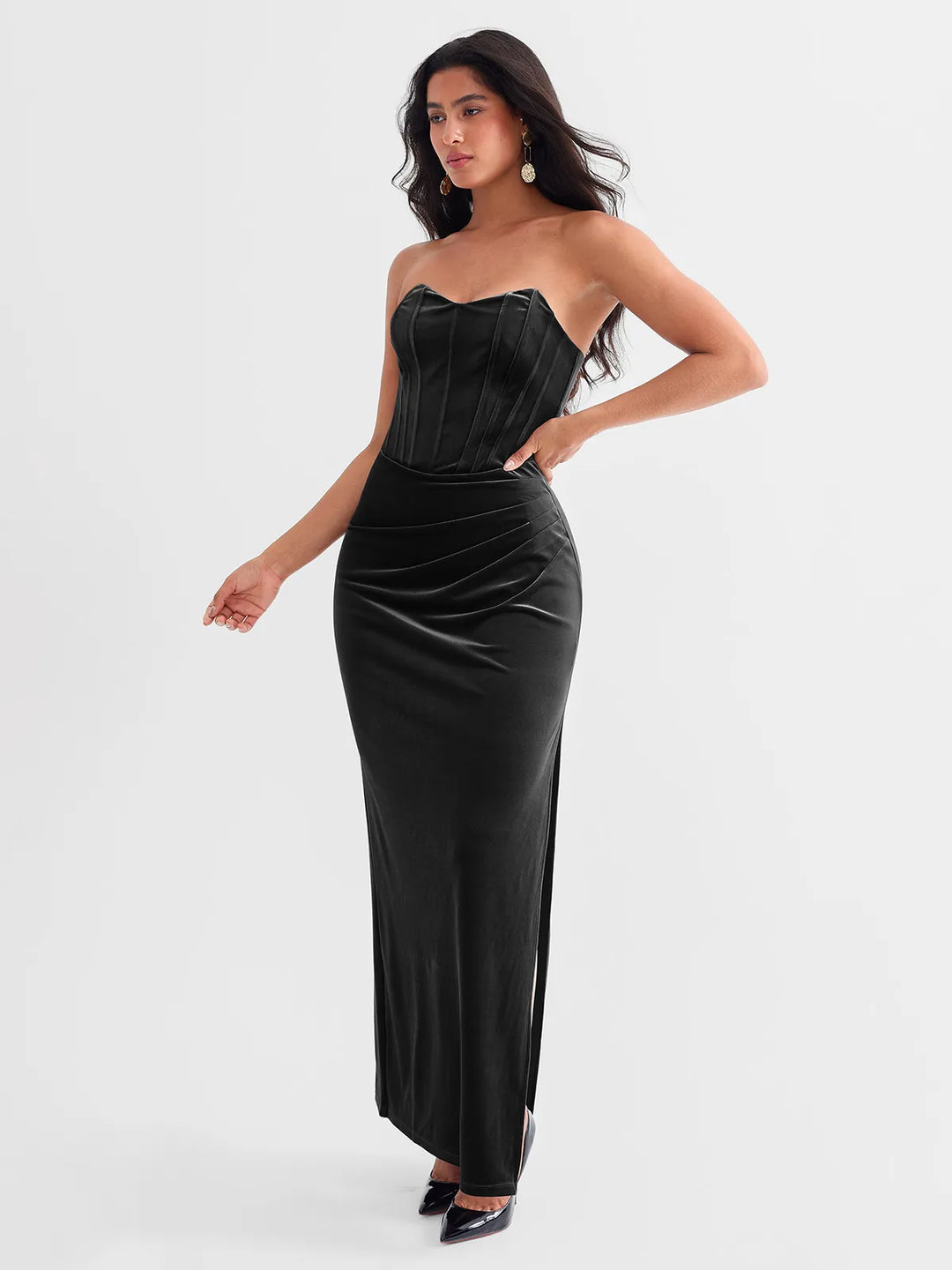 black velvet strapless corset maxi dress Strapless Sparkly Corset Maxi Velvet Dress Black