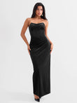Black strapless velvet ruched sculpting corset gown with sweetheart neckline and high slit