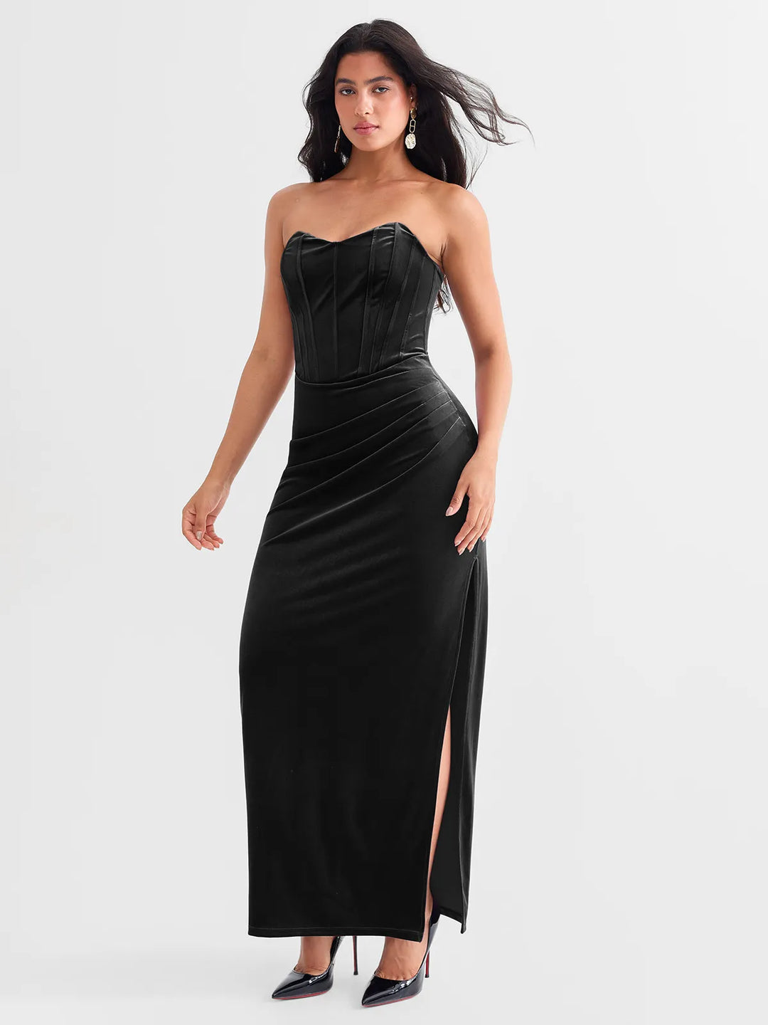 Popilush® Strapless Velvet Bustier Sculpting Maxi Dress