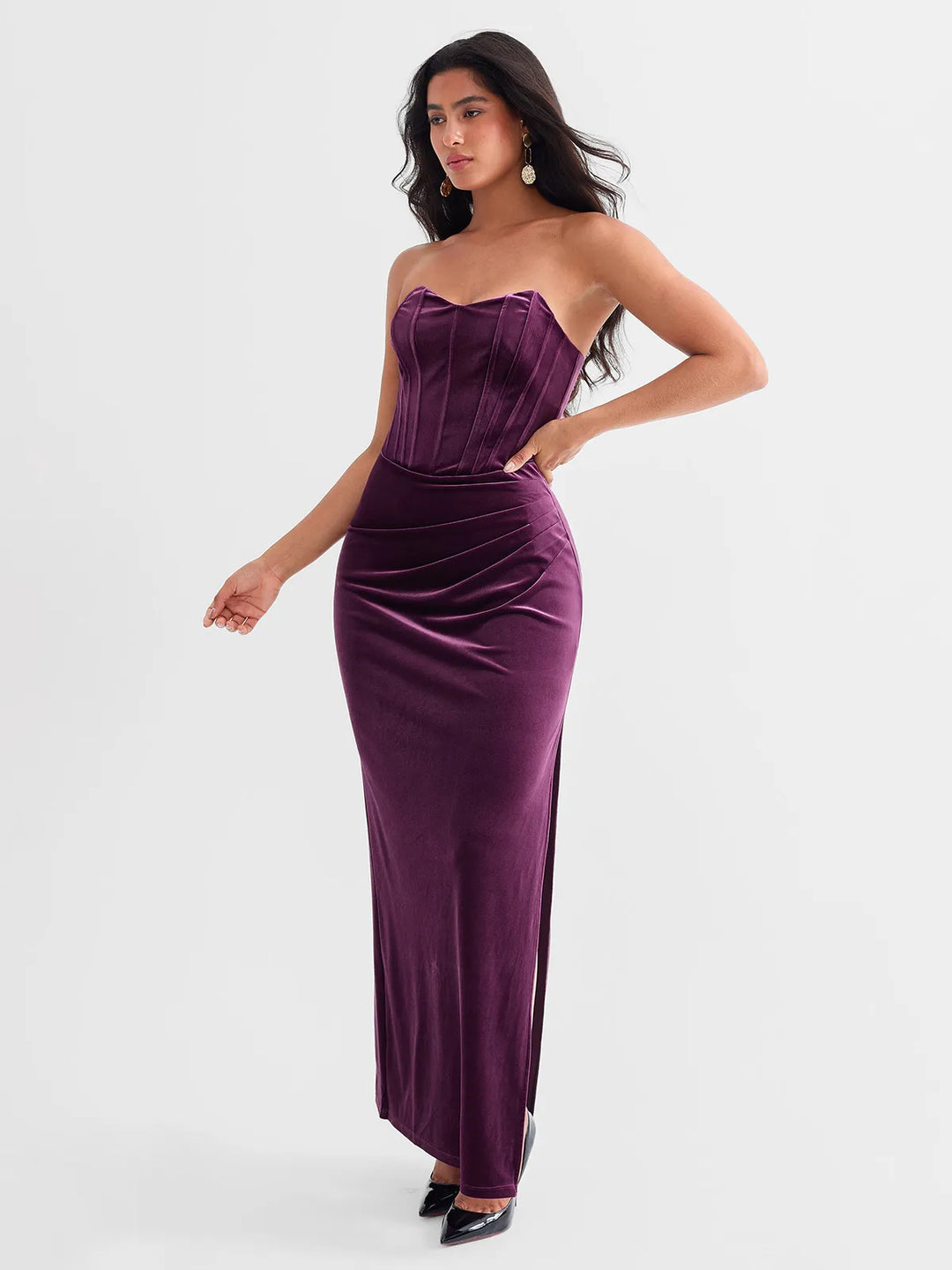 Popilush® Strapless Velvet Bustier Sculpting Maxi Dress
