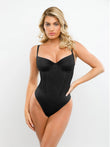 Black corset thong bodysuit with tummy control, defined waist boning, and underwire support.