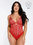 Popilush® cutout red lace bodysuit for all-in-one shaping and support, DD+