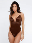 Brown deep V-neck hourglass thong bodysuit shapewear with tummy control and push-up support.