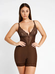 Popilush brown lace deep V-neck sculpting mid-thigh bodysuit w/ lace trim.