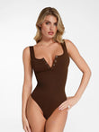 Brown seamless modal square neck Henley bodysuit with snap front closure