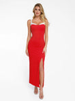 Red shapewear maxi dress with white contrast trim and high slit, sculpting fit.